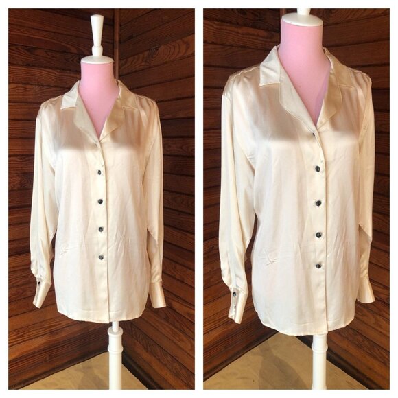 Silk Blouse, 80s Blouse, Satin Silk Blouse, White Blouse, White Silk Blouse, Ivo - Picture 1 of 10